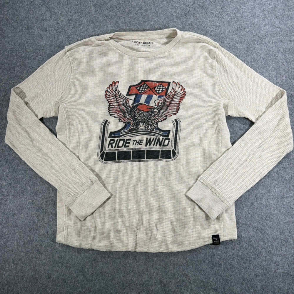Lucky Brand Mens Ride The Wind Eagle Graphic Thermal Waffle Knit Shirt Beige M
